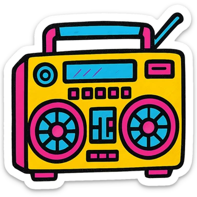 A boombox in Pop Colors style, vibrant and colorful, with a retro feel, bright neon colors, bold outlines, and a playful design sticker