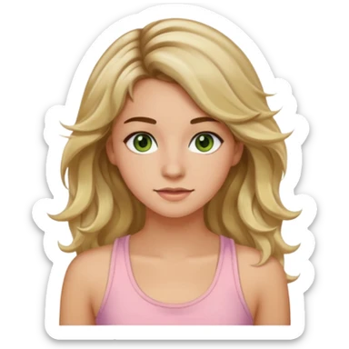 ca you make her hair a 20-year-old girl with long wavy hair brown roots blonde highlights green eyes brown eyebrows good summer tan iPhone emoji style with light pink tank top can you make her hair a little longer please sticker