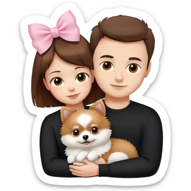 shorthair girl with black shirt  with husband brown hair brown eyes hugging white Pomeranian with light pink bow ponerania another pomerania red brown sticker