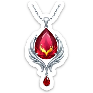 phoenix-inspired ruby pendant with cosmic aura, deep red glow, silver chain undulating like water sticker