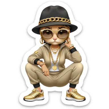 female cat wearing Run DMC hip-hop outfit with tracksuit, fedora, Adidas sneakers, dark sunglasses, many gold chains, rings, bracelets, flashy earrings, fallen down with distressed expression sticker