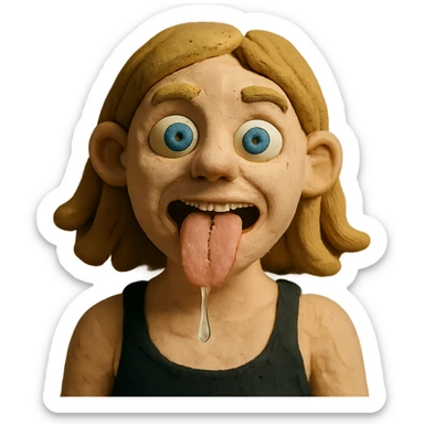 dirty blonde girl with blueish green eyes, black tank top, sticking tongue out and drooling sticker