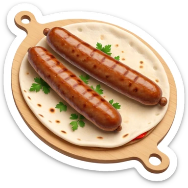 Cevapi Cinematic Realistic Cevapi Dish Emoji, depicted as modest, short, skinless sausages served with traditional flat bread, rendered with realistic textures and rustic, inviting lighting. sticker