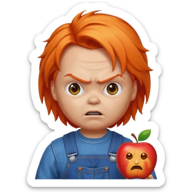 Chucky doll emoji with angry expression, orange hair, blue overalls, apple style emoji sticker