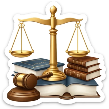 An icon featuring scales of justice, a gavel, and a legal book, symbolizing the study of law. The design includes courthouse pillars in the background, representing authority and legal systems. Transparent background highlights the principles of justice, order, and legal education. sticker