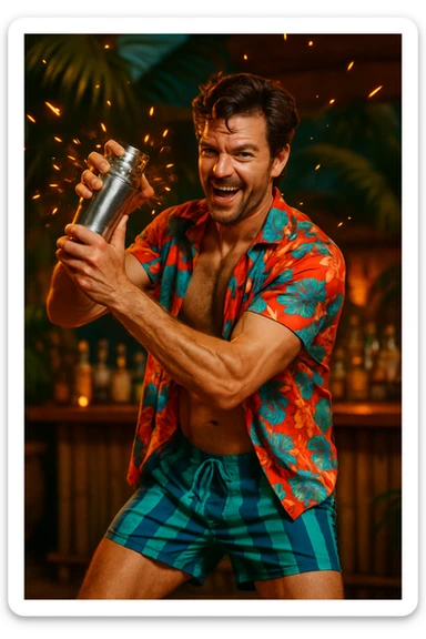 human male Unbuttoned Hawaiian shirt, swim trunks, shaking a cocktail shaker (sparks flying) sticker