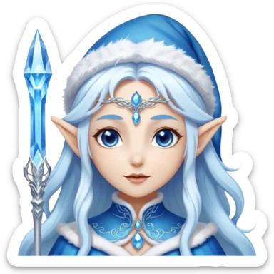 Legendary fantasy Christmas elf portrait icon, Santa Claus and Snow Maiden inspired, ancient winter spirit style, long flowing white-blue hair, glowing frost eyes, crystal staff, elegant elven features, divine winter magic aura, icy silver color palette, highly detailed but clean emoji icon sticker