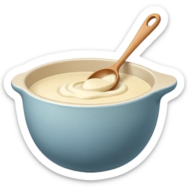 a cream ceramic mixing bowl with a wooden spoon stirring sticker