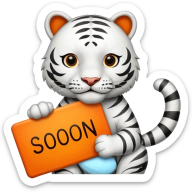 White Tiger. He is holding a sign with SOON - written on it. Let him have 4 paws, not more. sticker