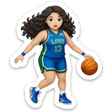Full Body light skin Latino plus size women basketball player with long wavy dark hair  wearing blue and green uniform sticker
