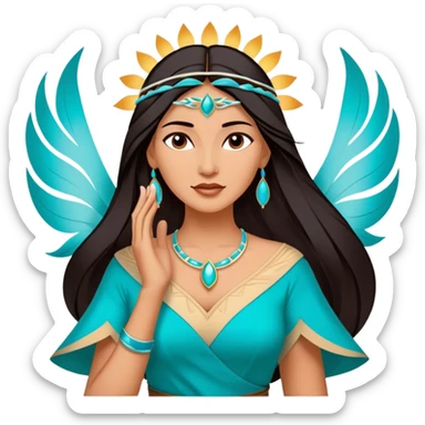 Cinematic Majestic Pocahontas Portrait Emoji, rendered in a clean, vector-style with bold shapes. Show Pocahontas with a serene, noble expression, radiant sun-kissed skin, and elegantly flowing dark hair, dressed in traditional garments with subtle turquoise accents. The design radiates a majestic, natural glow, high shine, and a soft glowing outline, capturing her regal beauty. sticker
