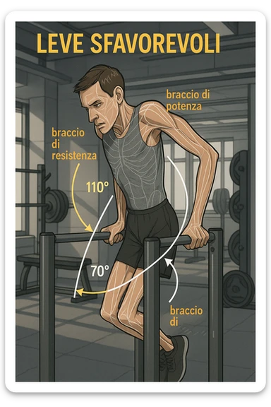 a tall, lean man with very long arms and a short torso attempts a dip on parallel bars. His elbows are deeply bent and his body appears awkwardly positioned, highlighting the mechanical disadvantage. An overlay shows anatomical lines and angles, with labels explaining “Leve Sfavorevoli” The background is a modern gym, with a focus on biomechanics. in italiano sticker