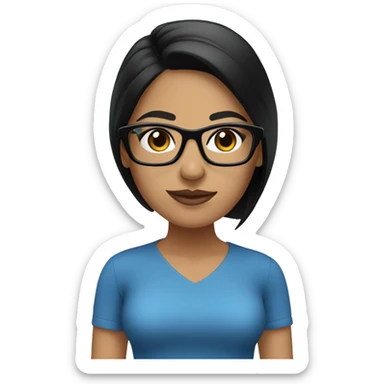 Latina, black hair medium straight, glasses white and blue, brown dark eyes sticker