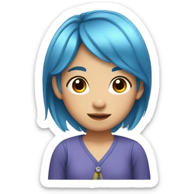 Asian girl with blue hair and pronouns sticker