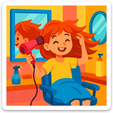 chica en la peluquería secándose el cabello con secador de pelo, espejos, estilo ilustración colorida, ambiente alegre sticker