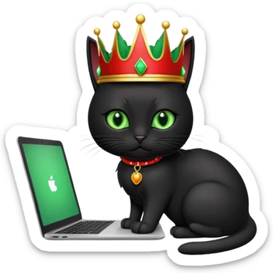 black cat with green eyes and a red crown coding on a laptop which says “cmv” on the back of it sticker