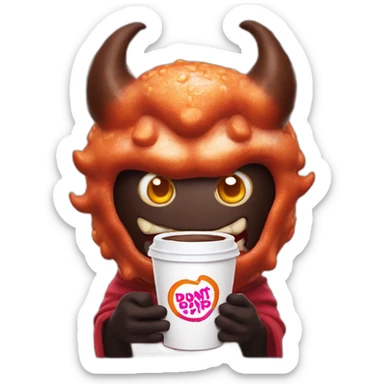 a demon holding a dunkin donuts coffee cup sticker