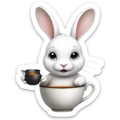a cute white rabbit sitting and holding a ceramic cup with black tea in its paws, from which steam comes out sticker