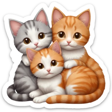 3 tiny kittens cuddling together all different colours, the first one is grey and white, the second is ginger and white and the third is brown tabby and white sticker