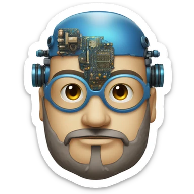 Bearded Fat bald cyborg head with tan skin, blue steampunk goggles and circuits sticker