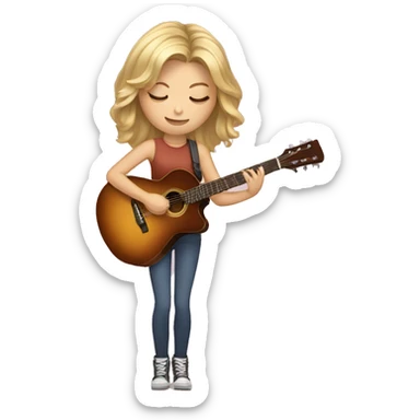 Blond teen girl with medium length hair, brown eyes, eyes closed holding guitar sticker