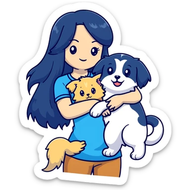 Woman with long black hair holding a blue and white long-haired cat and a golden retriever dog sticker