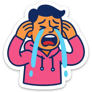 crying guy in a pink hoodie, vibrant cartoon style sticker