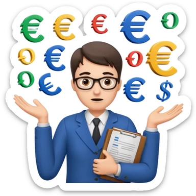 A confused teacher shrugging shoulders with euro symbols and documents floating around. sticker