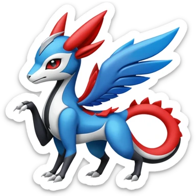 Colorful Red Black White Blue Meloetta-Koraidon-Wargreymon-Sergal-Pokémon-Digimon-Fakémon-fusion-hybrid-creature sticker