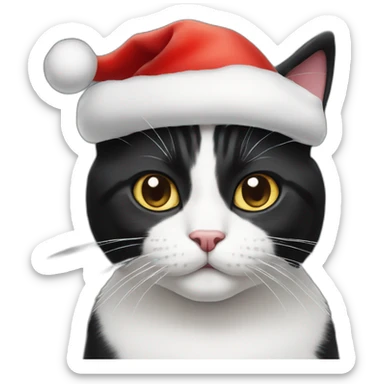 Tuxedo cat with half White nose with Christmas hat sticker