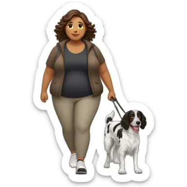 fat Woman with brown hair and english setter black white going for a Walk sticker