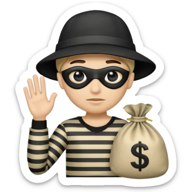 Cartoon-Räuber mit schwarzer Augenmaske, gestreiftem Shirt, schwarzer Mütze und einem Geldsack mit $-Zeichen. sticker