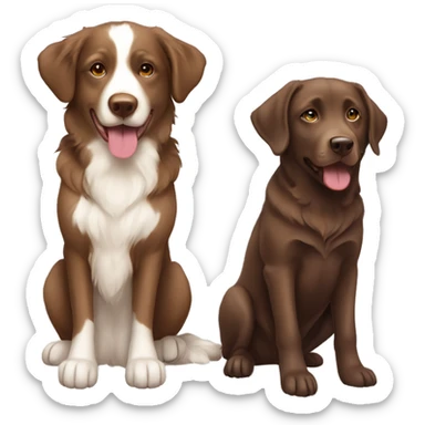 a full body, sitting chocolate labrador, and a sitting tan, cream, white Australian Shepard sticker