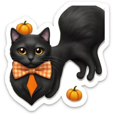 Black cat with orange eyes. Orange plaid bow tie with pumpkin charm sticker
