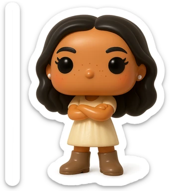 Enhance the vinyl figure in Funko Pop style with superior quality, smooth tanned skin, detailed dark hair, textured feminine cream dress, small pearly earrings, greige leather boots clearly visible, arms crossed, rosy cheeks, very discreet freckles, eyelashes, mischievous and cheerful expression, no mouth, transparent background. sticker