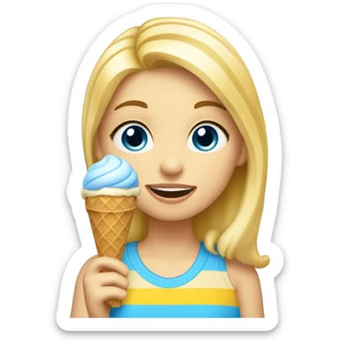 Girl with blonde hair, blue eyes, yellow striped shirt, holding vanilla ice cream cone sticker