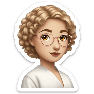 British teenage girl flax hair amber eyes rose gold round glasses white shirt black robe sticker