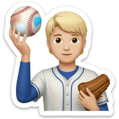 Blonde College guy holding up a baseball sticker