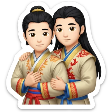 two muscled asian guys hugging in hanfu clothes, long hair sticker