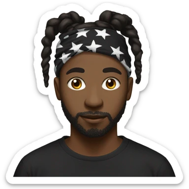 Black man with a dreadlock bun with a under cut with a white and black bandana on his head with black t shirt with no beard sticker