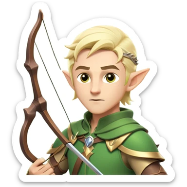 clash-of-clans-aesthetic-blond-male elf-archer-portrait-emoji, rendered in a flat, vector-style with minimal shading and bold holding his bow, simplified shapes, head tilted slightly forward with a determined, focused expression, riding a majestic stag whose antlers glow with mystical energy, set against an ancient, enchanted forest backdrop. sticker