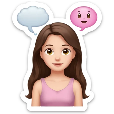 happy white long brunette hair girl with hazel eyes in light pink with a thought bubble sticker
