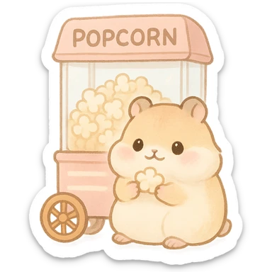 cute kawaii popcorn machine hamster, soft and fluffy, puffed cheeks, holding popcorn, soft pastel, full-body sticker
