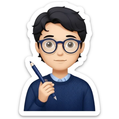 Dependable young professional man with round glasses, wavy black hair, navy blue sweater, assured posture, designer with pen sticker