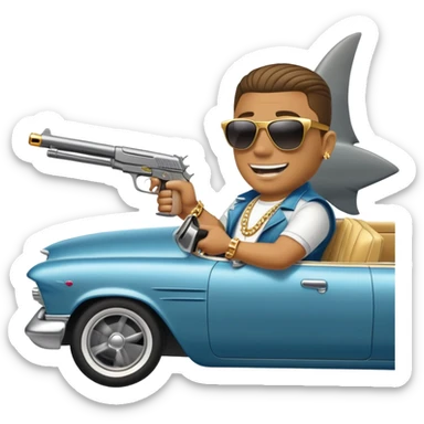 shark driving lowrider while holding a gun out the window and the shark has a gold chain sticker