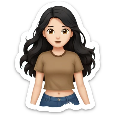 Fair skin girl - long black hair, big waves - wearing brown navel-baring short-sleeved shirt sticker