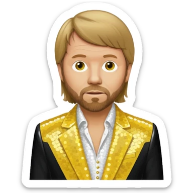 Björn Ulvaeus from ABBA with dark blonde hair, yellow sequin shirt, white sequin suit jacket sticker