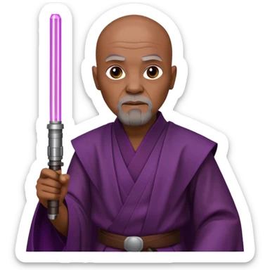 star wars master windu bald head, no facial hair, brown jedi outfit with purple lightsaber sticker