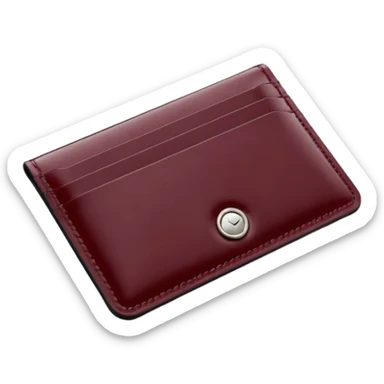 A professional studio photograph of a high-quality, slim leather card holder. The card holder is in [deep Burgundy color with a high-gloss patent enamel finish, reflecting light like a jewel .It features precise stitching and minimalist, elegant metal hardware sticker