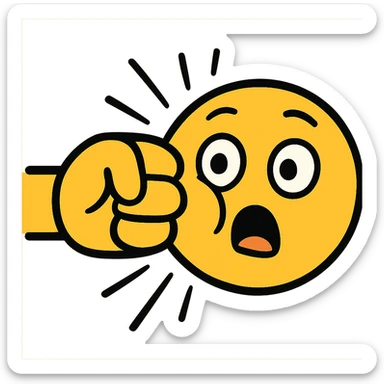 flat-toon style yellow emoji face being punched from the side by a yellow emoji fist, cheek squished, surprised face, comic impact lines, bold outlines, modern emoji look sticker